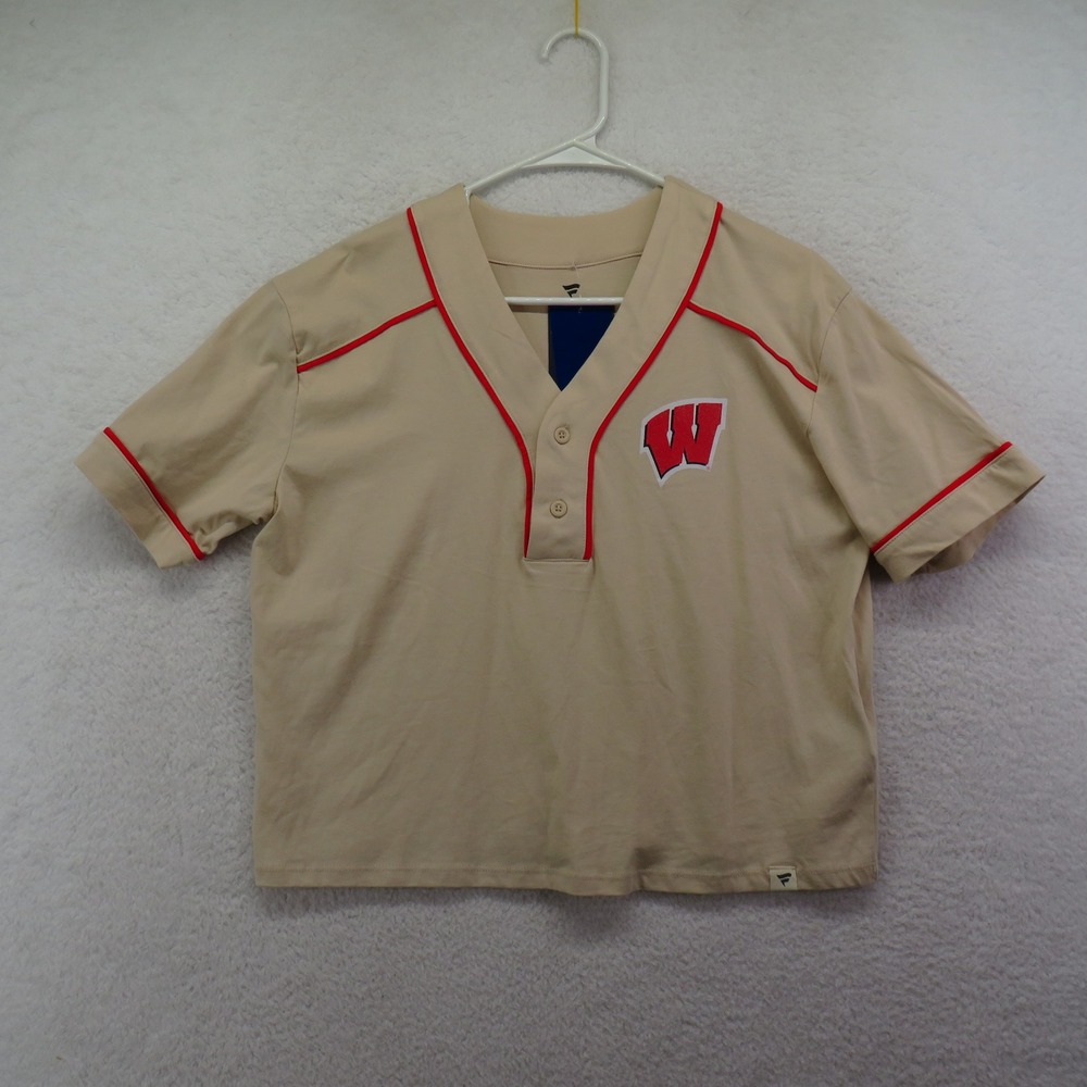 Fanatics Wisconsin Badgers Womens Jersey Top Tan Khaki Red Piping Short Sleeve S